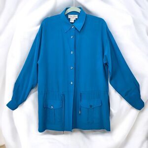Diane Gilman Shirt Woman Medium 100% Silk Bright Blue Button Down Tie‎ Waist
